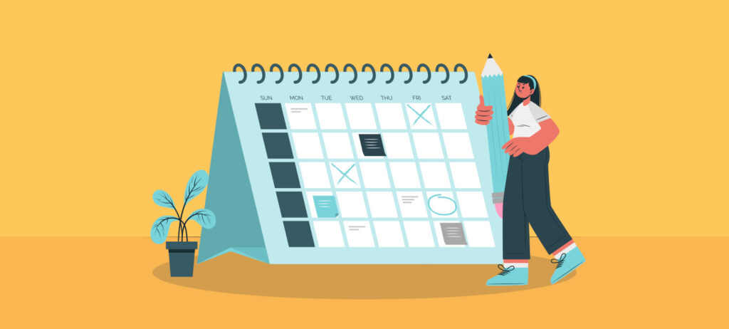 Ilustración vectorial de mujer joven sosteniendo un lápiz para marcar fechas en un calendario grande