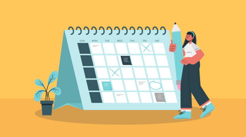 Ilustración vectorial de mujer joven sosteniendo un lápiz para marcar fechas en un calendario grande