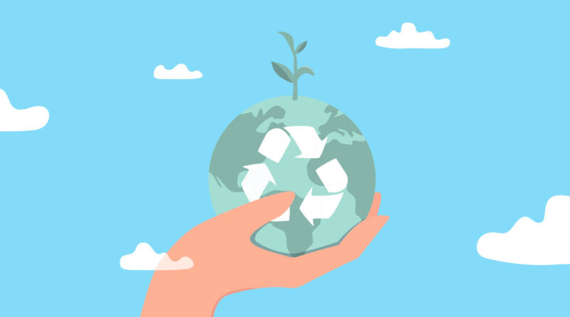 Ilustración mano sosteniendo el planeta tierra con símbolo de reciclaje ambientalmente responsable