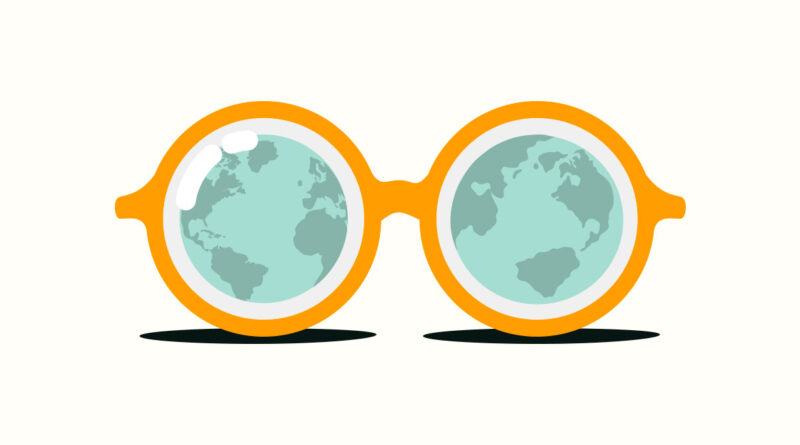 Lentes ópticos, con un planeta tierra en cada mica, ilustracióm vectorial, carta edit