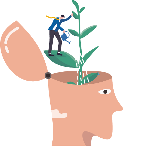 Hombre regando una planta que sale de una cabeza, ilustración de vectores, editor carta