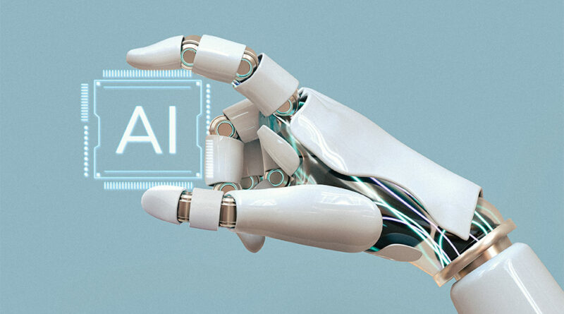 Mano de robot simulando sostener un chip con las letras AI