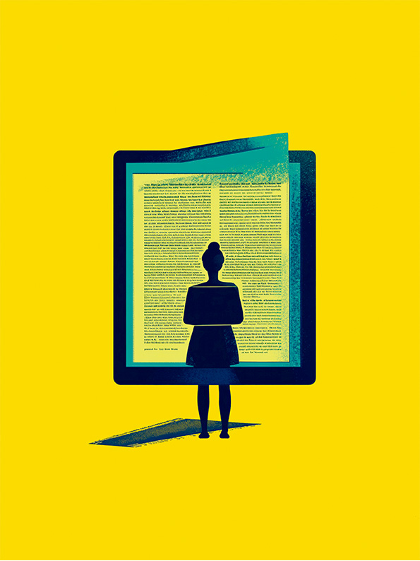 Ilustración vectorial que muestra la silueta de una mujer frente a un libro digital. Fondo amarillo brillante de fondo.