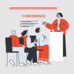 ilustración vectorial de una doctora oftalmóloga dando una conferencia frente al público