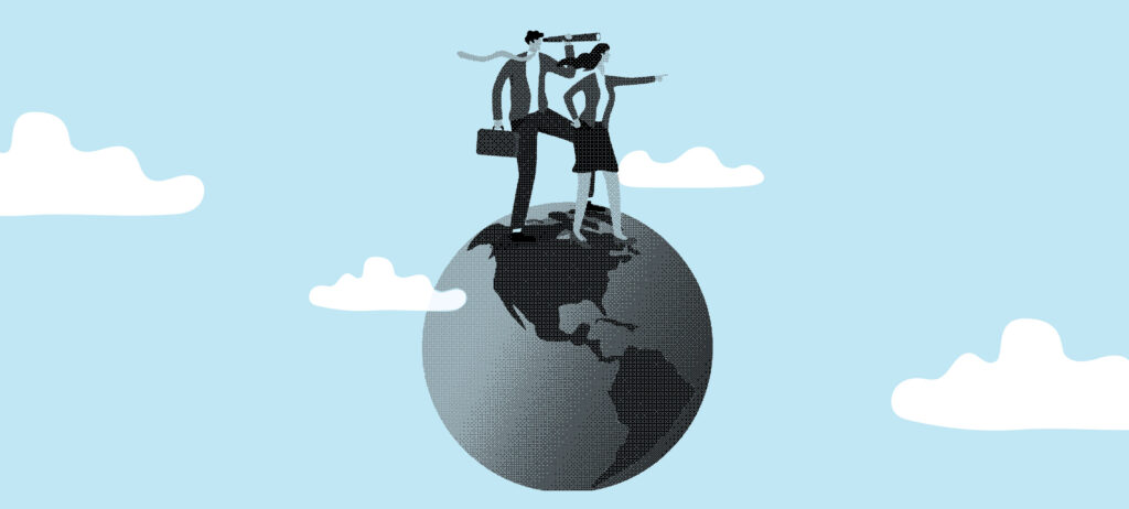 ilustración vectorial de un hombre y una mujer parados encima del planeta tierra