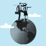 ilustración vectorial de un hombre y una mujer parados encima del planeta tierra