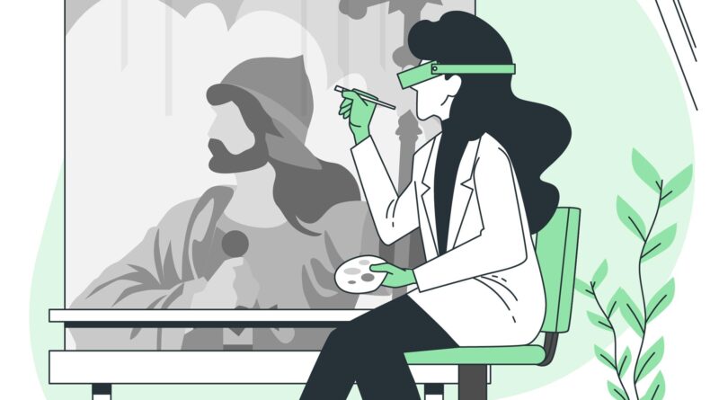 ilustración de una doctora con lentes pintando una obra de arte, relacionado a la ceguera estereoscópica y la vida de los artistas