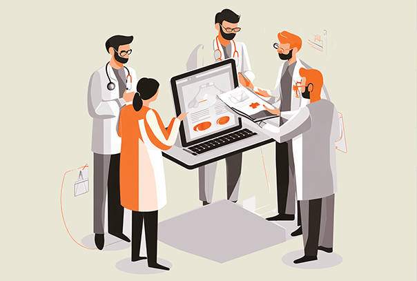 Ilustración de médicos usando batas blancas, viendo una computadora con datos e información