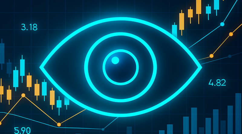 Ilustración digital de una estructura tridimensional con elementos financieros y médicos, que simboliza la inversión en tecnologías avanzadas para oftalmología generada por IA.