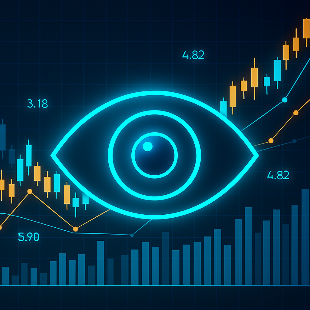 Ilustración digital de una estructura tridimensional con elementos financieros y médicos, que simboliza la inversión en tecnologías avanzadas para oftalmología generada por IA.