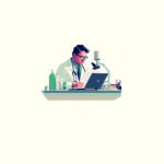 Ilustración, doctor en su escritorio leyendo documento, consejo asesor editorial