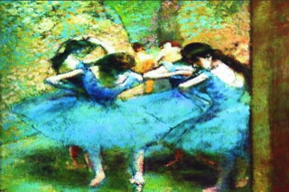 Pintura Bailarinas de azul. Óleo sobre lienzo de lino, del pintor Edgar Degas