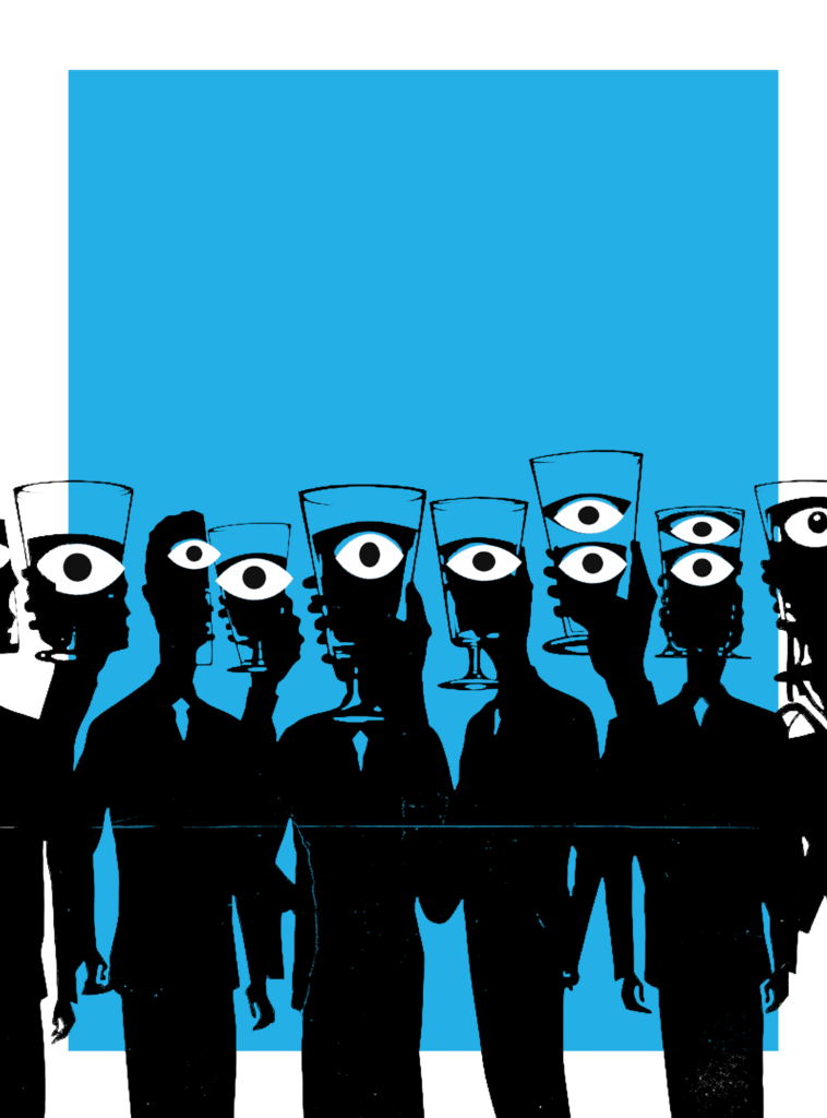 Ilustración de varias figuras humanas sosteniendo copas que contienen ojos blancos, todos mirando al frente. Fondo azul intenso. Representa el poder colectivo de la mirada y su simbolismo en torno al mal de ojo.