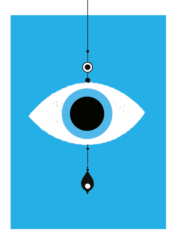 Ilustración de un ojo azul y negro que juega con el significado del título "Mal de ojo".