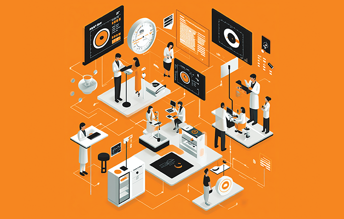 Ilustración isométrica de un entorno médico digitalizado con profesionales de la salud visual interactuando con datos, pantallas, dispositivos y pacientes en diferentes estaciones de trabajo. Fondo naranja brillante. Ideal para representar educación médica, oftalmología y avances tecnológicos en el cuidado de los ojos.