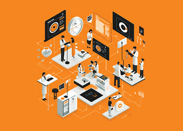 Ilustración isométrica de un entorno médico digitalizado con profesionales de la salud visual interactuando con datos, pantallas, dispositivos y pacientes en diferentes estaciones de trabajo. Fondo naranja brillante. Ideal para representar educación médica, oftalmología y avances tecnológicos en el cuidado de los ojos.