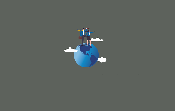 Ilustración de vectores donde se muestra a una mujer y un hombre parados sobre una esfera que representa al planeta tierra. La mujer señalando con el brazo hacia enfrente y el joven viendo a través de un telescopio en la misma dirección, para simbolizar el futuro de la oftalmología