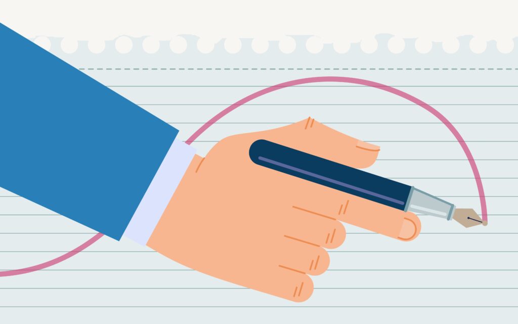 ilustración de mano escribiendo con una pluma sobre papel, representando una carta al editor