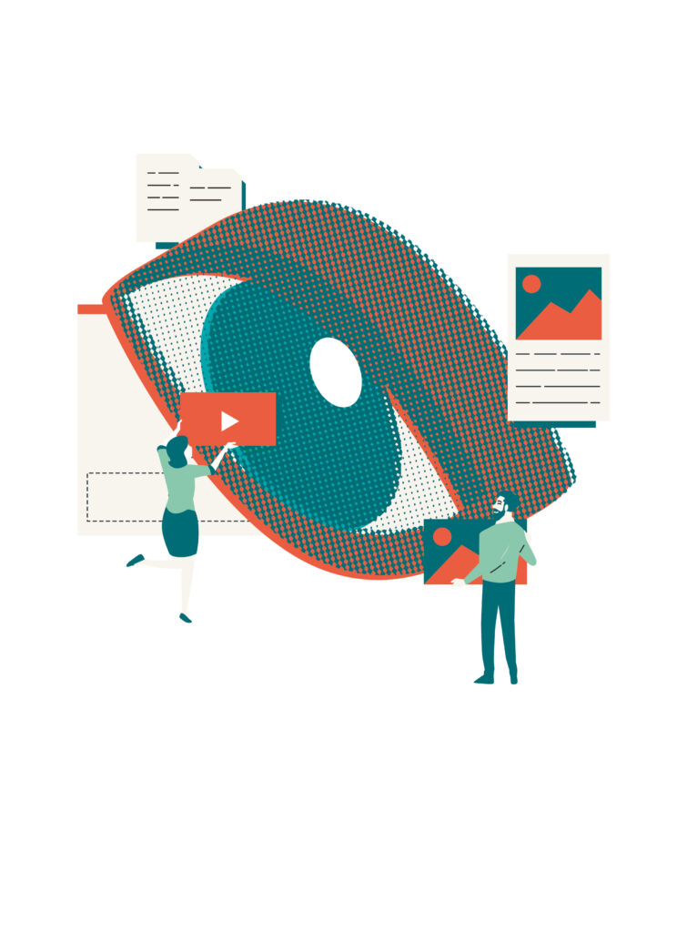 Ilustración vectorial de un ojo humano, acompañado de una mujer sosteniendo el ícono de YouTube y un hombre que sostiene un icono de una archivo de imagen, simbolizando el consumo de medios visuales