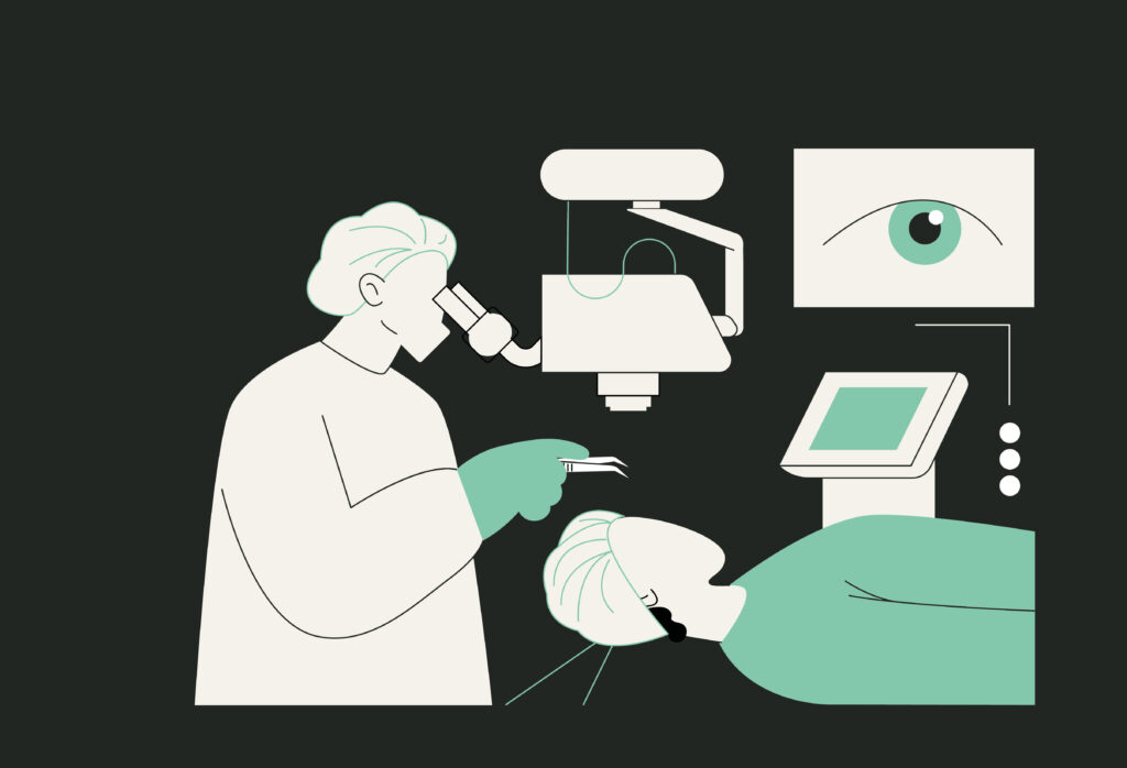 Ilustración de vectores mostrando a un cirujano oftalmólogo operando a paciente. Se ve equipo médico como monitores, bisturí, y otros, representando la práctica medica de los oftalmólogos de Infoofta