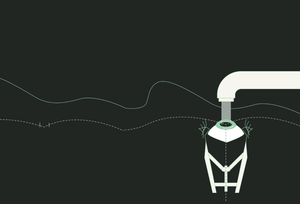 Ilustración vectorial que muestra agua saliendo de un tubo depositándose en un contenedor que asemeja a un ojo humano, en el contexto de la práctica de los oftalmólogos