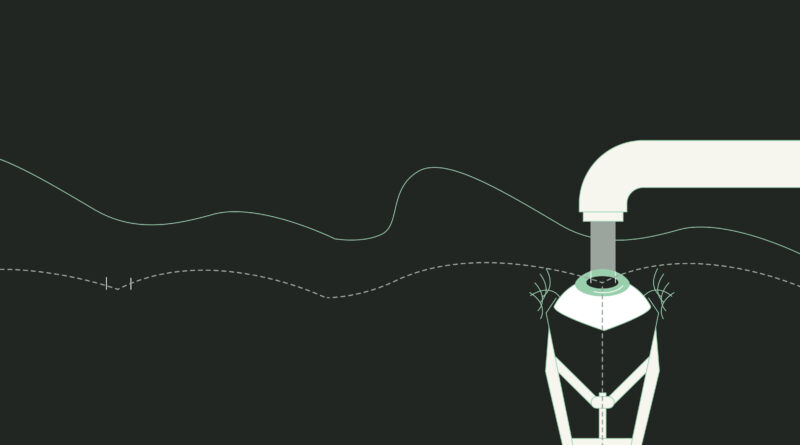 Ilustración vectorial que muestra agua saliendo de un tubo depositándose en un contenedor que asemeja a un ojo humano, en el contexto de la práctica de los oftalmólogos