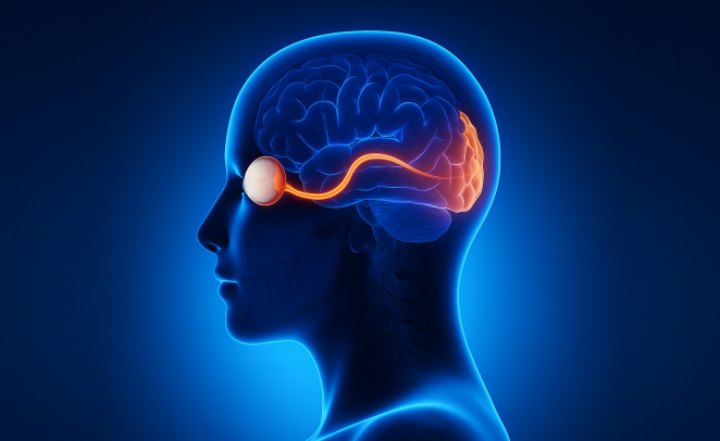 Ilustración digital del cuerpo humano, en primer plano y de perfil, donde se ilustra la conexión de un nervio óptico con el cerebro en el contexto de un trasplante total de ojo humano