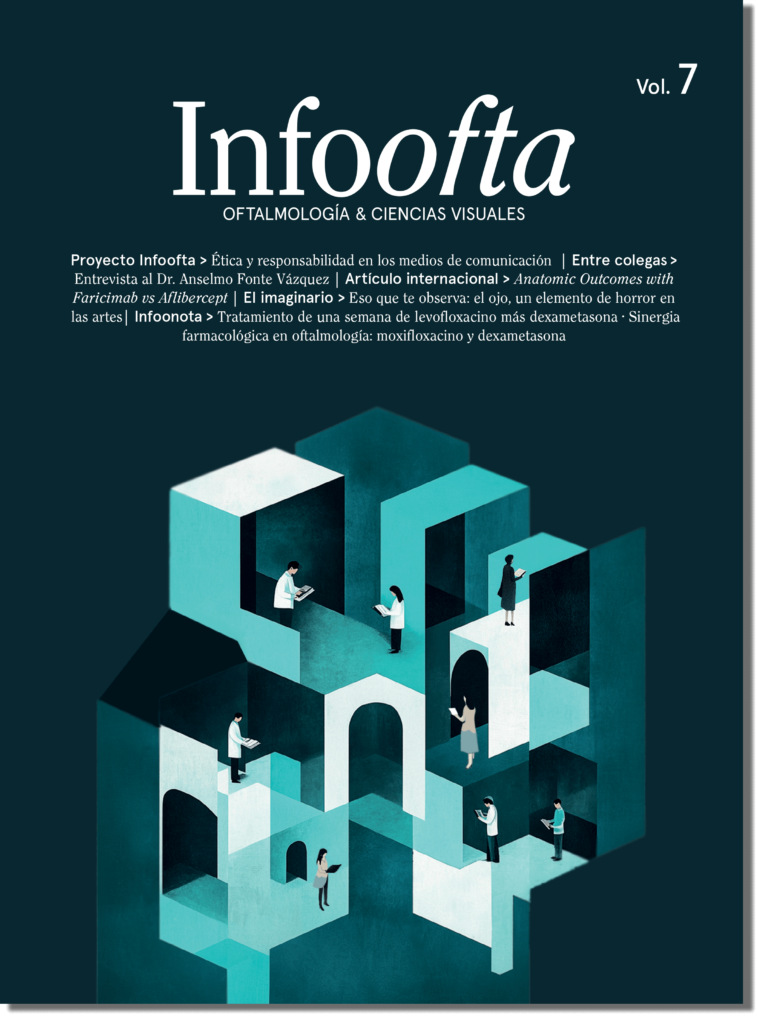 Portada de la revista Infoofta Volumen 7. El diseño muestra un laberinto de estructuras geométricas en tonos azul y blanco, con figuras humanas leyendo o consultando documentos, representando el conocimiento en oftalmología y ciencias visuales. En la parte superior se lee el título "Infoofta" junto con una lista de artículos destacados sobre ética médica, farmacología, arte y entrevistas a especialistas. Estilo visual minimalista y moderno.