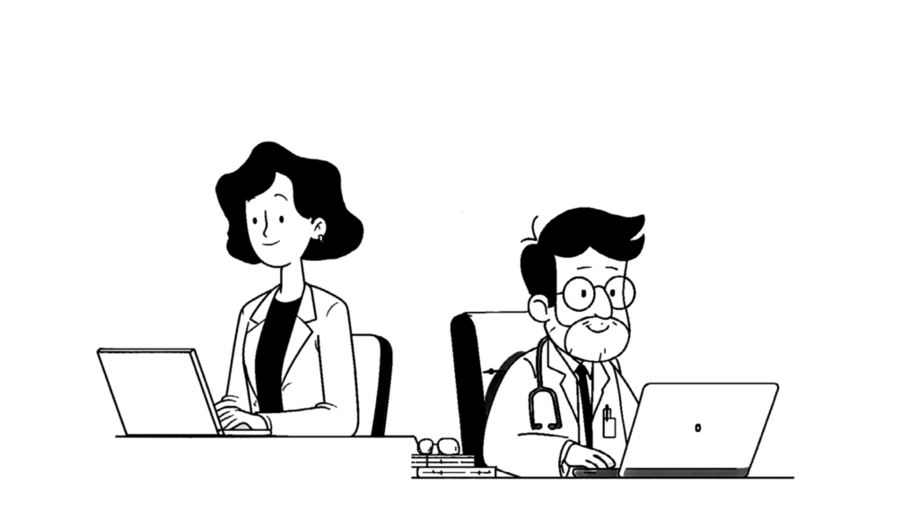 Ilustración de dos doctores ambos en sus computadoras escribiendo la carta del editor.