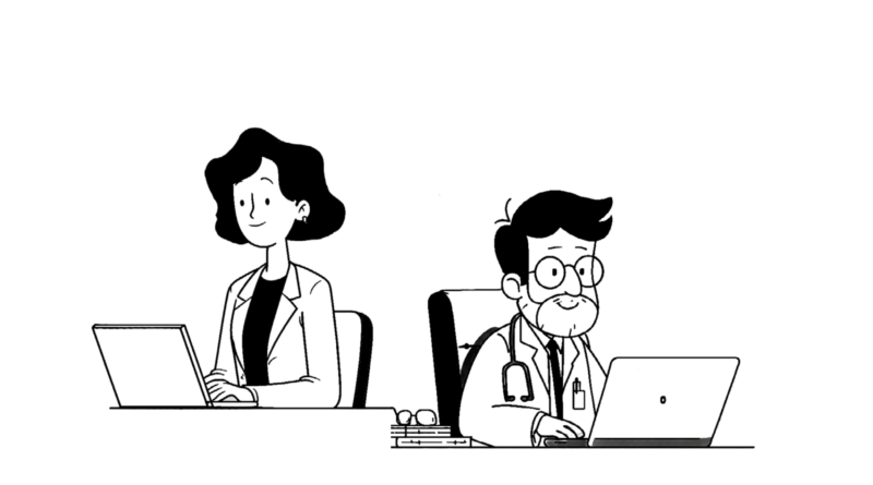 Ilustración de dos doctores ambos en sus computadoras escribiendo la carta del editor.